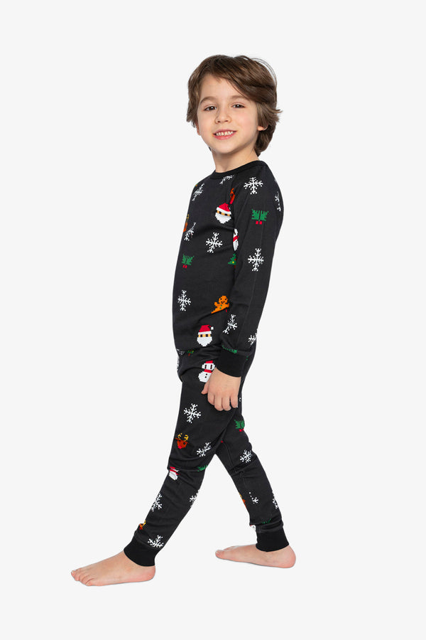 Organic Cotton Two Piece Pajama Set Black Christmas Pixel Print - J20PB10_2J232