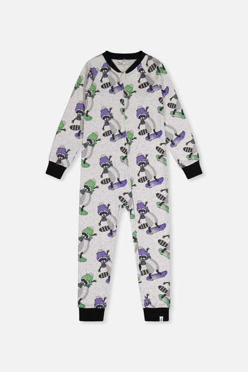 Pyjama une pièce en coton biologique beige imprimé ratons-laveurs pour bébé