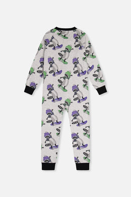 Pyjama une pièce en coton biologique beige imprimé ratons-laveurs pour bébé