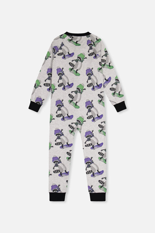 Pyjama une pièce en coton biologique beige imprimé ratons-laveurs pour bébé