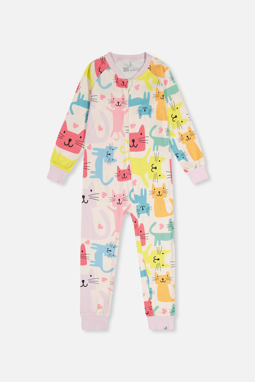 Organic Cotton One Piece Pajama White Cat Print - J20PG40US_2J222