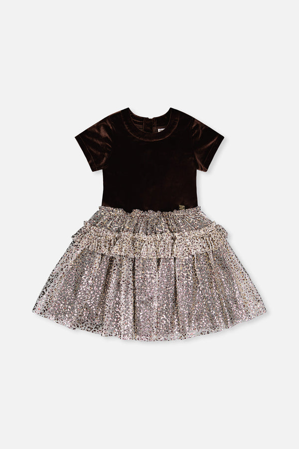 Bi-Material Short Sleeve Dress With Printed Mesh Skirt Dark Brown - J20Q87_09140