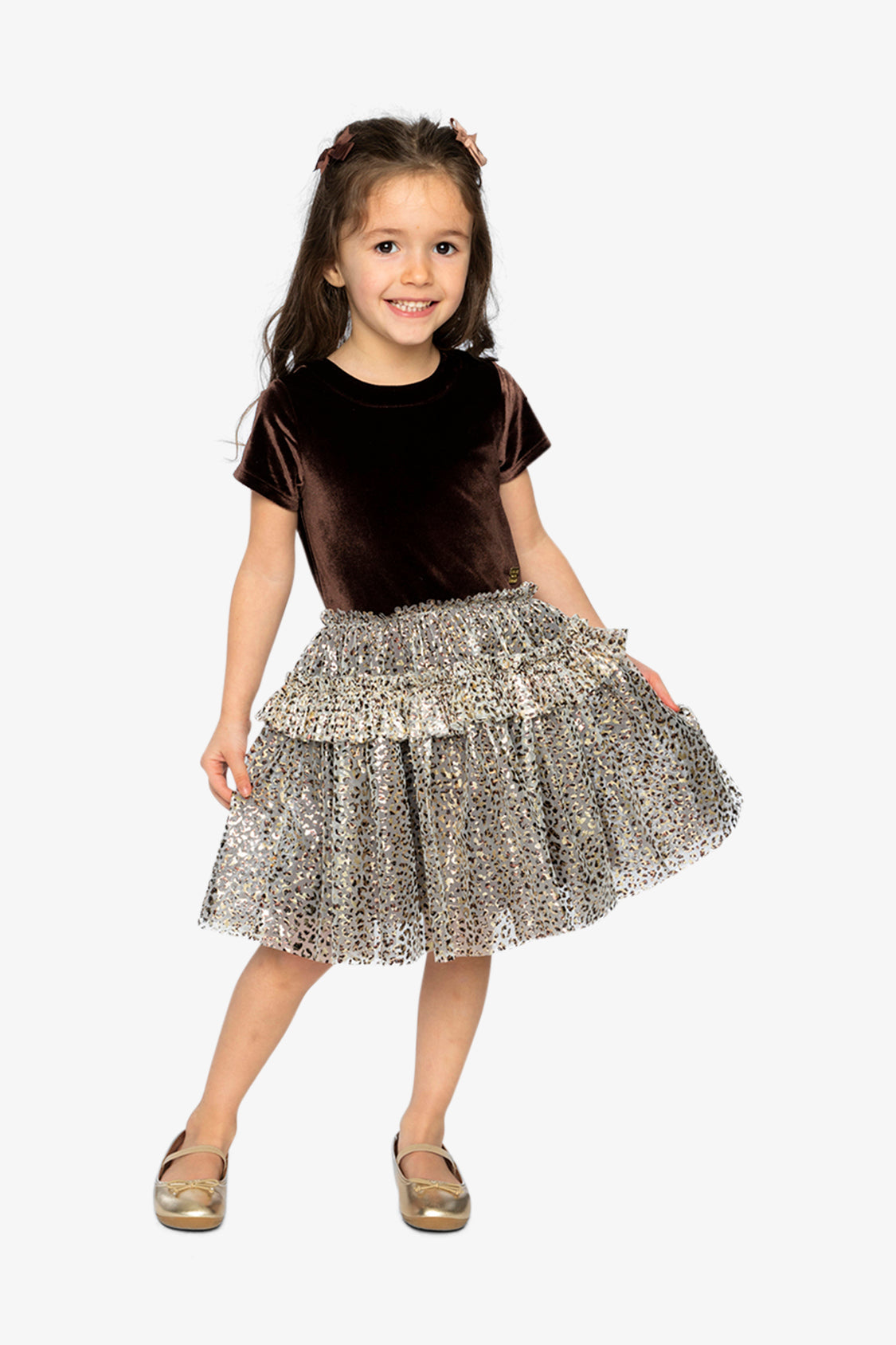 Bi-Material Short Sleeve Dress With Printed Mesh Skirt Dark Brown - J20Q87_09140