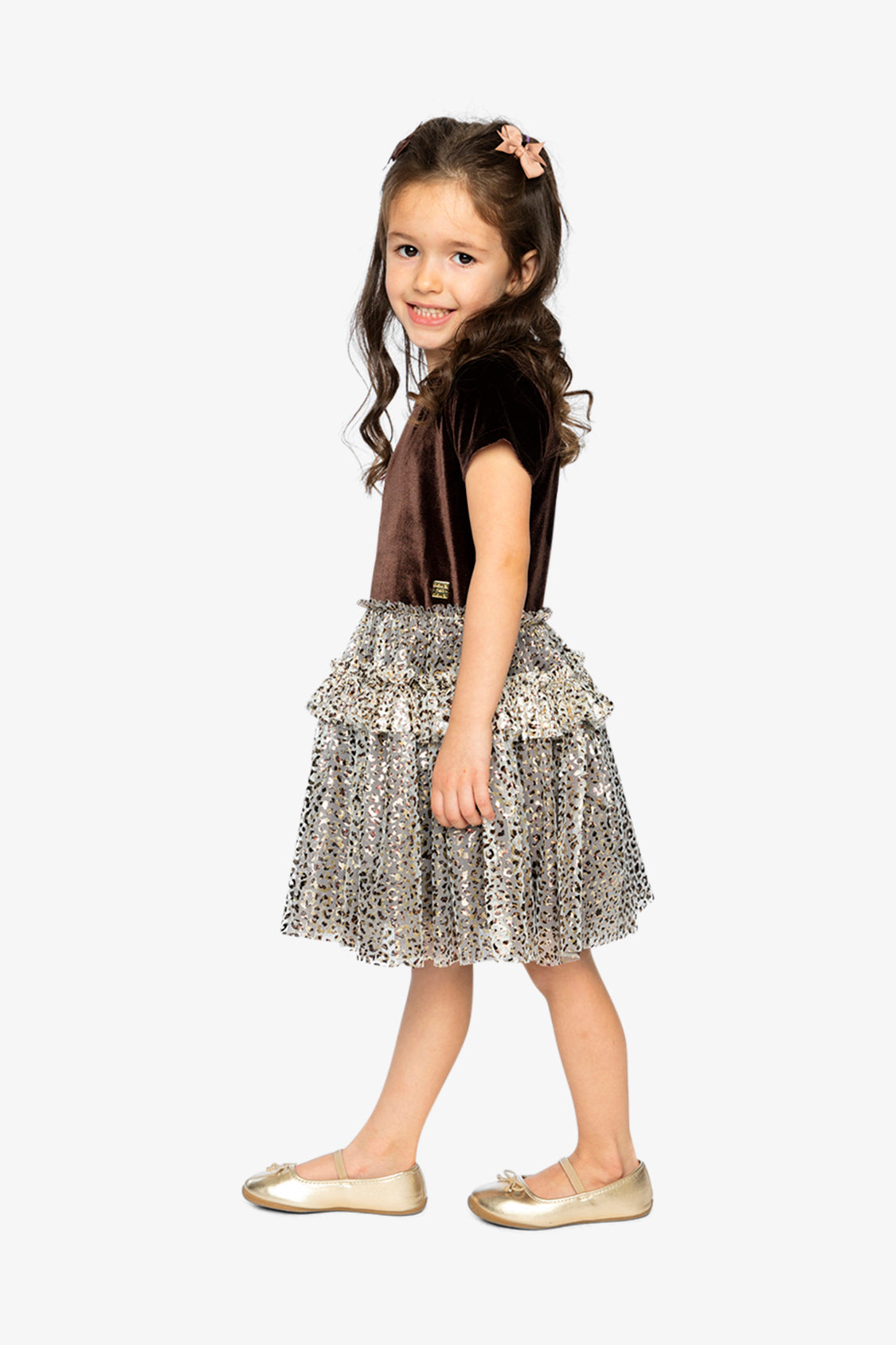 Bi-Material Short Sleeve Dress With Printed Mesh Skirt Dark Brown - J20Q87_09140
