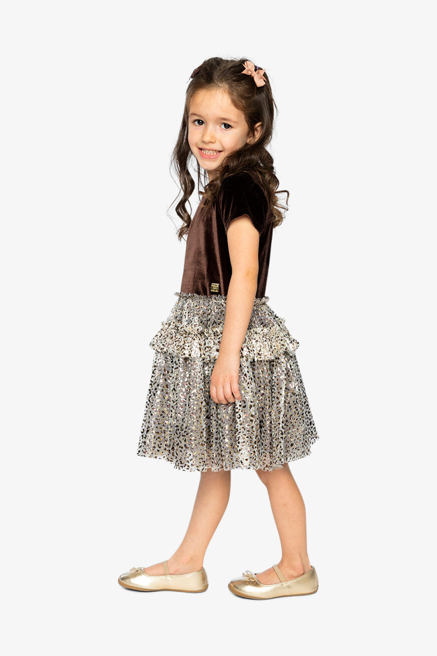 Bi-Material Short Sleeve Dress With Printed Mesh Skirt Dark Brown - J20Q87_09140