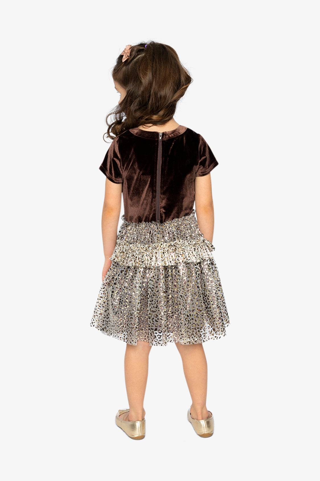 Bi-Material Short Sleeve Dress With Printed Mesh Skirt Dark Brown - J20Q87_09140