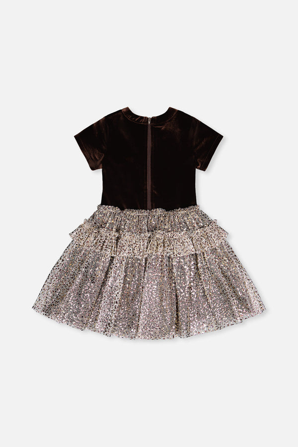 Bi-Material Short Sleeve Dress With Printed Mesh Skirt Dark Brown - J20Q87_09140