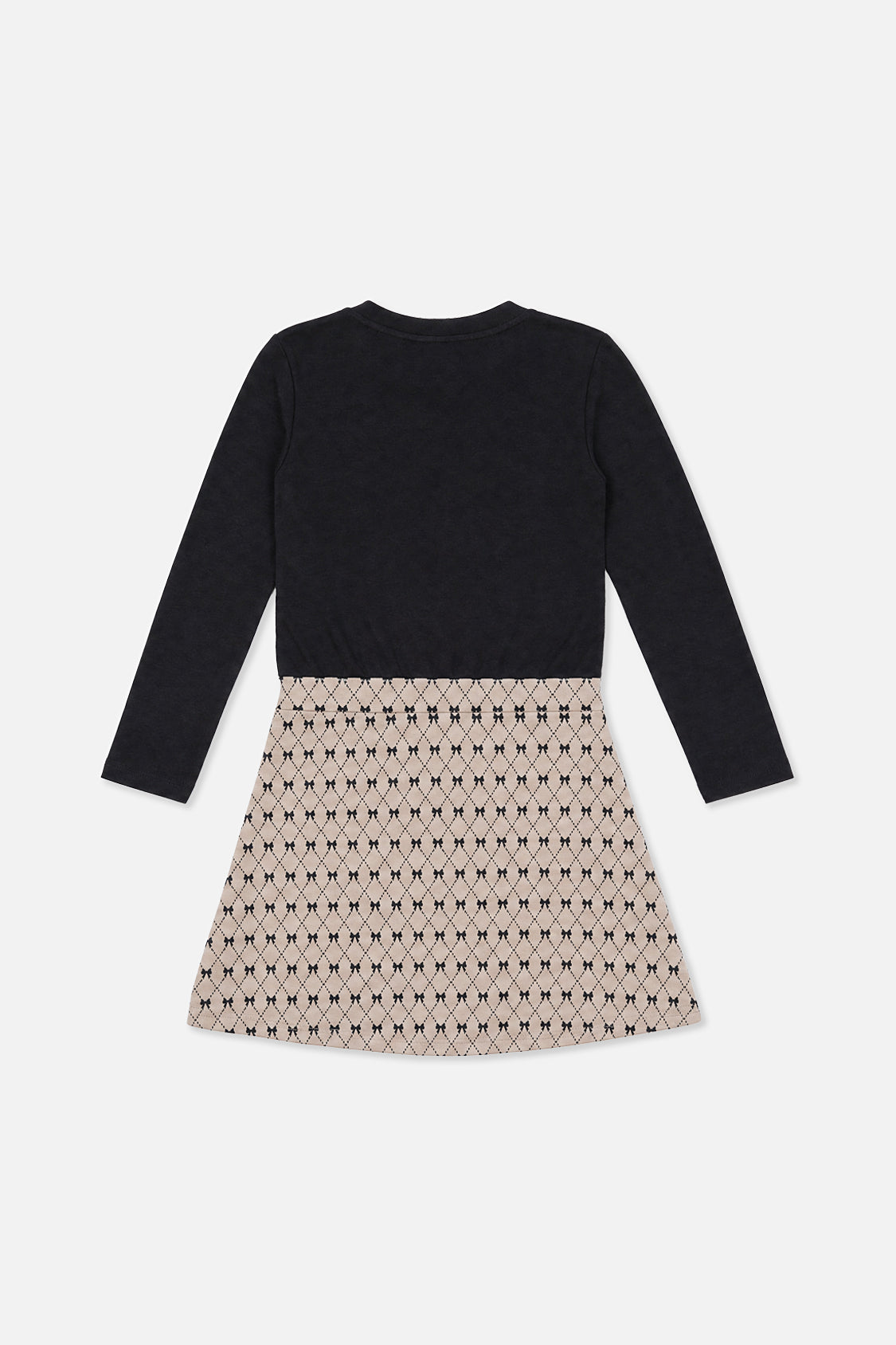 Kleid aus zwei Materialien mit schwarzem und beigefarbenem Fliege-Muster