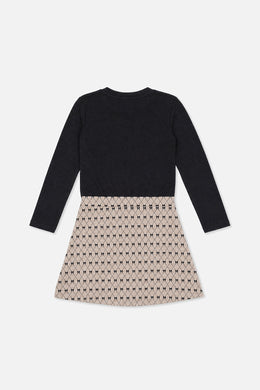 Kleid aus zwei Materialien mit schwarzem und beigefarbenem Fliege-Muster