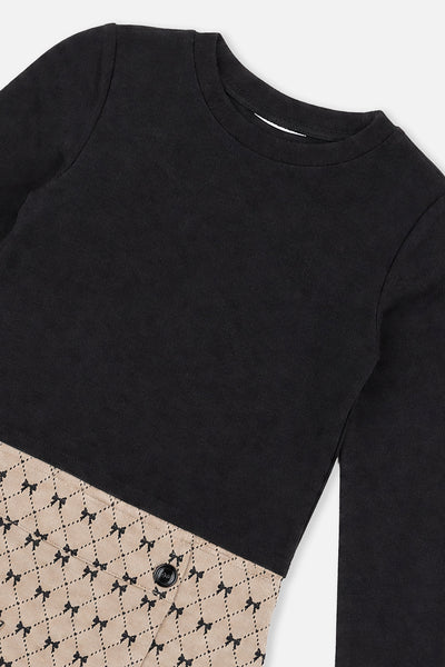 Kleid aus zwei Materialien mit schwarzem und beigefarbenem Fliege-Muster