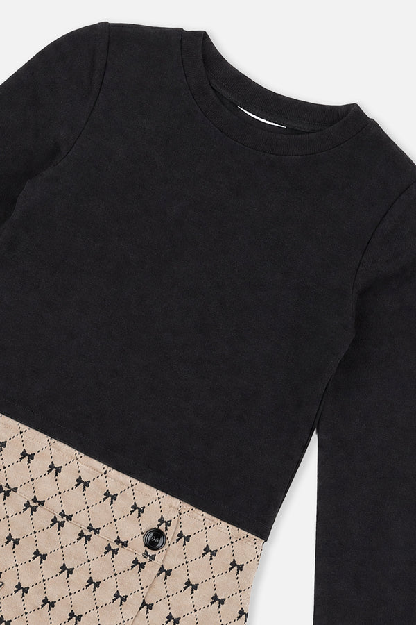 Kleid aus zwei Materialien mit schwarzem und beigefarbenem Fliege-Muster