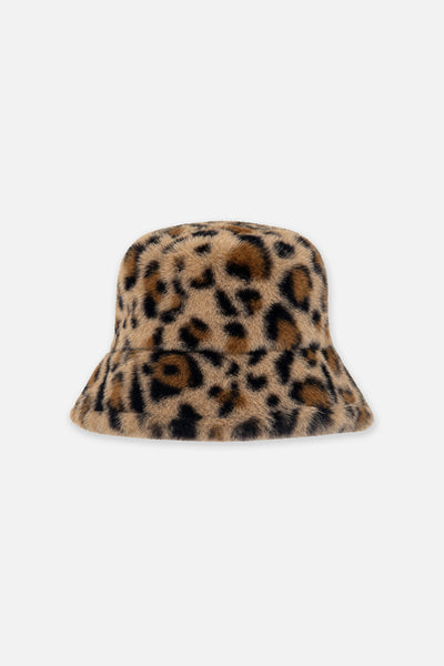 Faux Fur Bucket Hat Brown Leopard Print