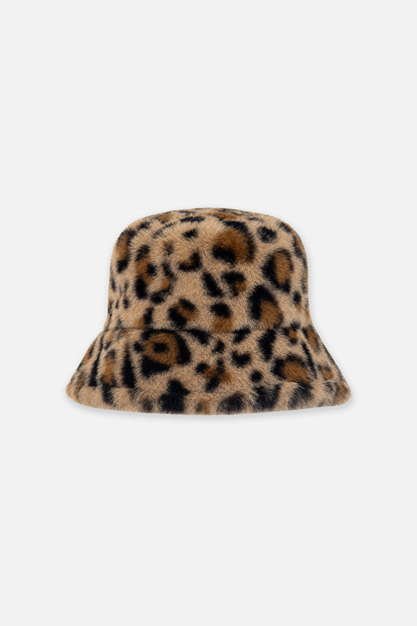 Faux Fur Bucket Hat Brown Leopard Print