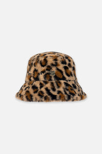 Chapeau cloche en fausse fourrure brun à motif léopard