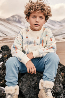 Fleece Sweatshirt Beige Ski Print