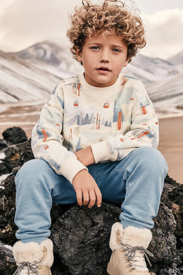 Fleece Sweatshirt Beige Ski Print