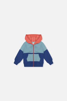 Veste zippée en molleton avec capuchon bleu, turquoise et orange pour bébé