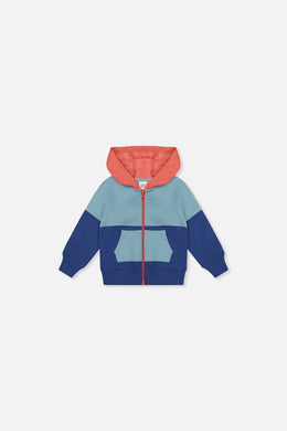Veste zippée en molleton avec capuchon bleu, turquoise et orange pour bébé
