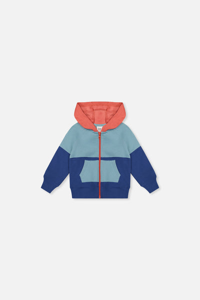 Veste zippée en molleton avec capuchon bleu, turquoise et orange pour bébé