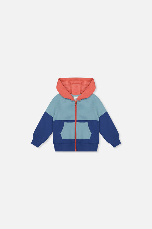 Veste zippée en molleton avec capuchon bleu, turquoise et orange pour bébé