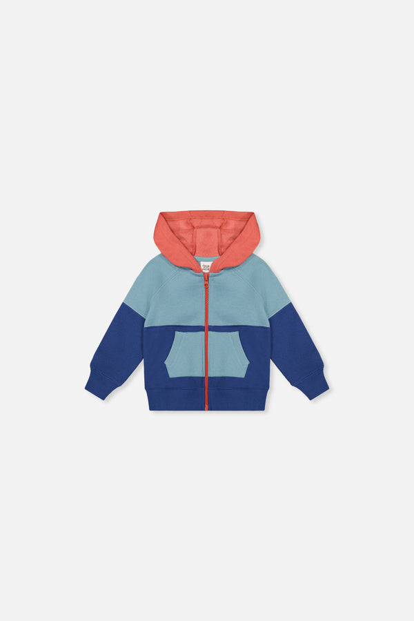 Veste zippée en molleton avec capuchon bleu, turquoise et orange pour bébé