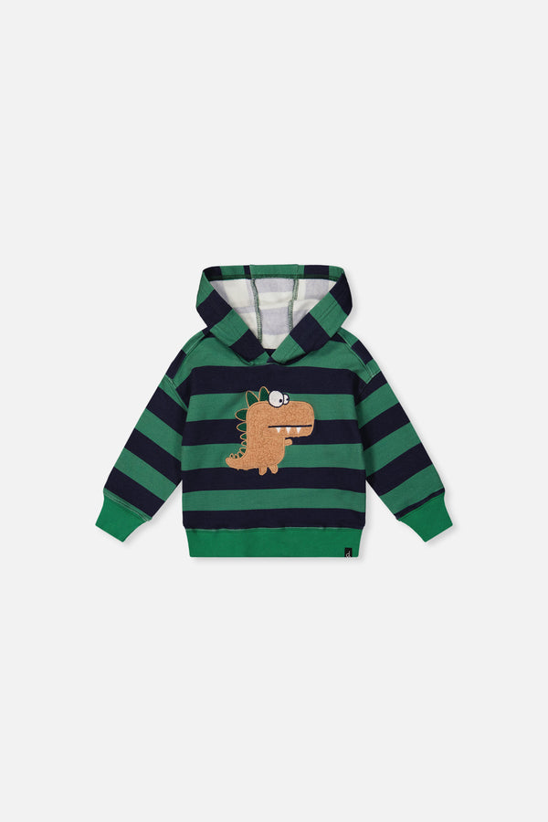 Sweat à capuchon en molleton avec appliqué bleu et vert rayé pour bébé