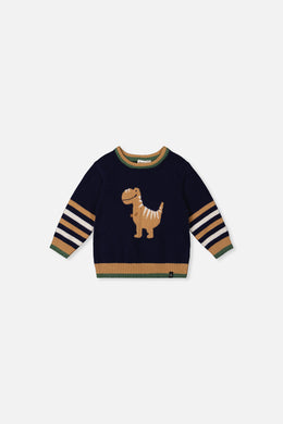 Baby Knit Sweater With Intarsia Dark Blue, Brown And Beige