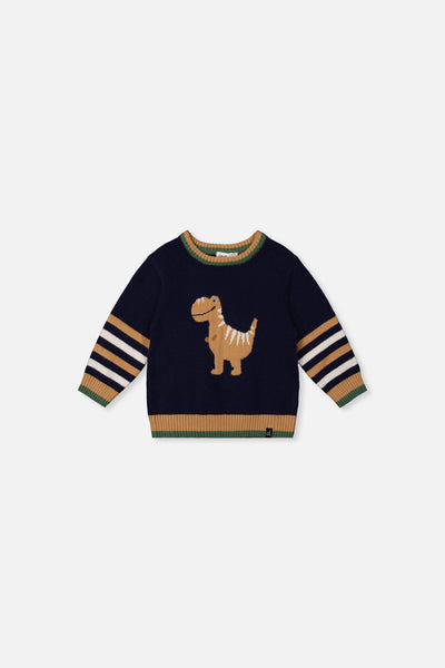 Pull tricoté avec intarsia bleu foncé, brun et beige pour bébé