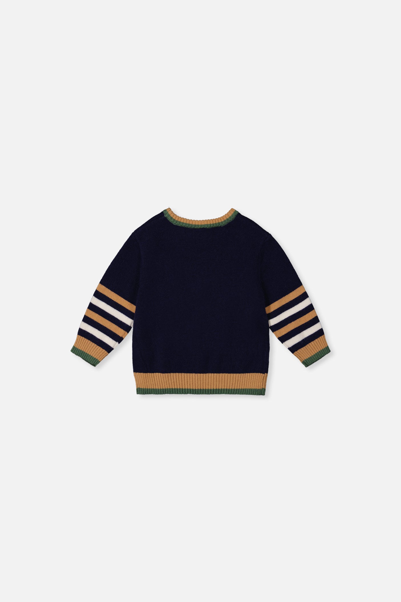 Pull tricoté avec intarsia bleu foncé, brun et beige pour bébé