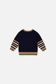 Baby Knit Sweater With Intarsia Dark Blue, Brown And Beige