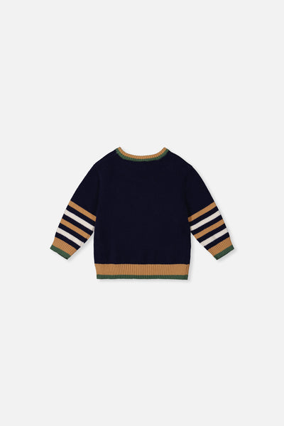 Pull tricoté avec intarsia bleu foncé, brun et beige pour bébé