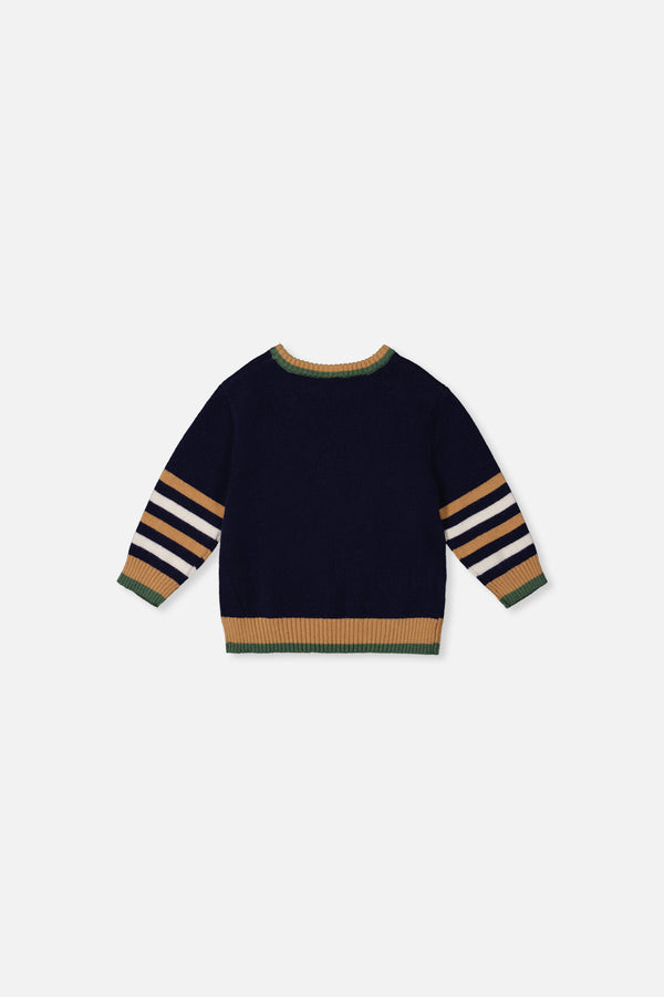 Pull tricoté avec intarsia bleu foncé, brun et beige pour bébé
