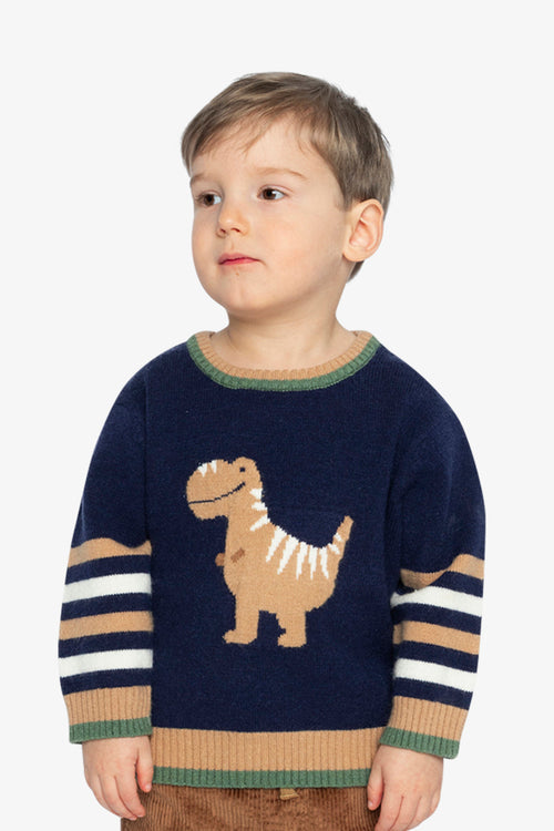 Knit Sweater With Intarsia Dark Blue, Brown And Beige - J20TT30_04810