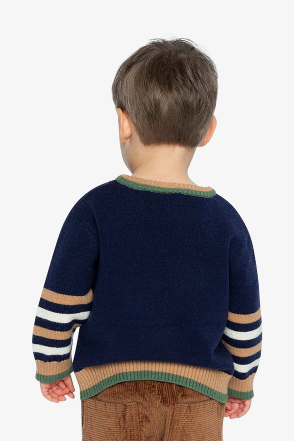 Knit Sweater With Intarsia Dark Blue, Brown And Beige - J20TT30_04810