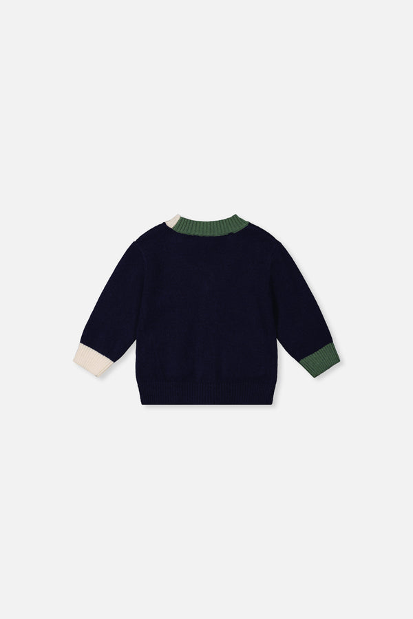 Cardigan tricoté avec dino bleu foncé, vert et jaune pour bébé