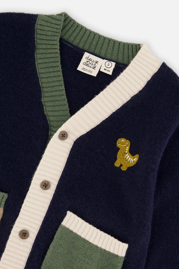 Cardigan tricoté avec dino bleu foncé, vert et jaune pour bébé