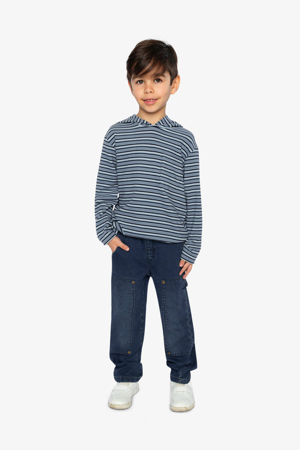 Striped Brushed Jersey Hooded T-Shirt Blue And White - J20U08_2J267
