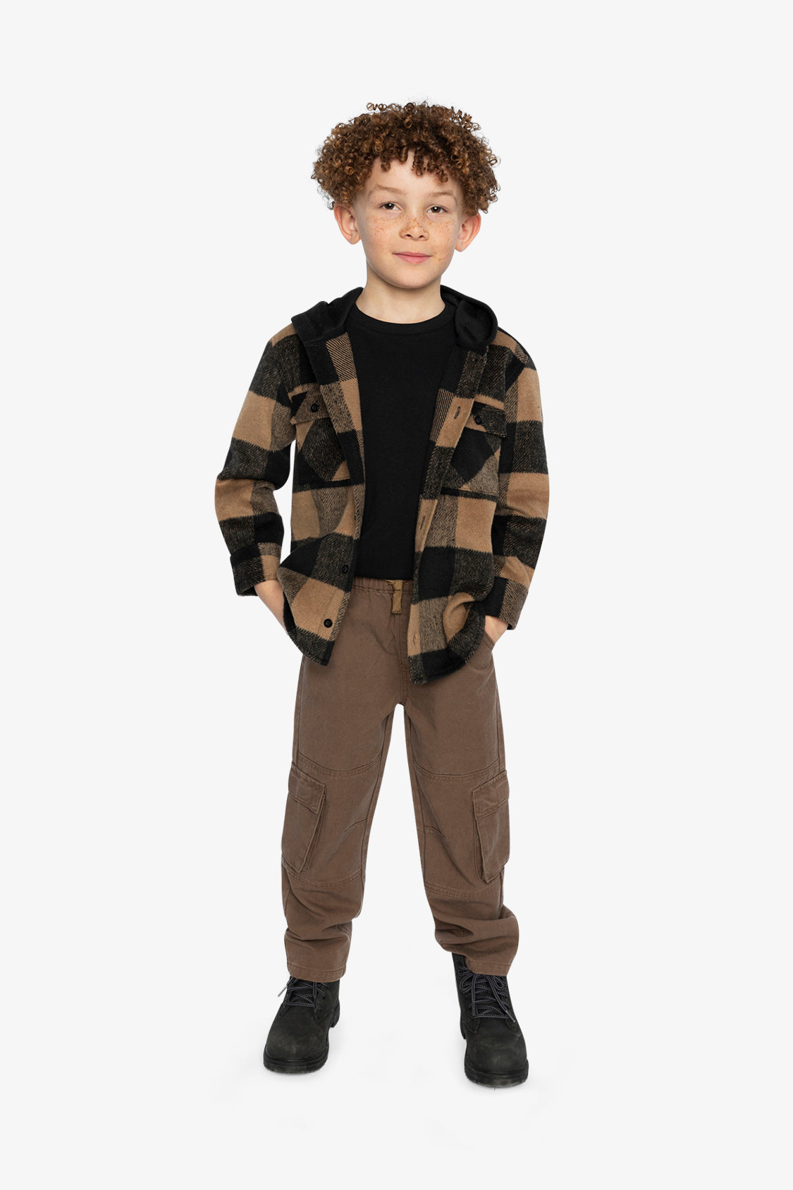Flannel Shirt With Fleece Hood Brown And Black Plaid - J20U19_2J272