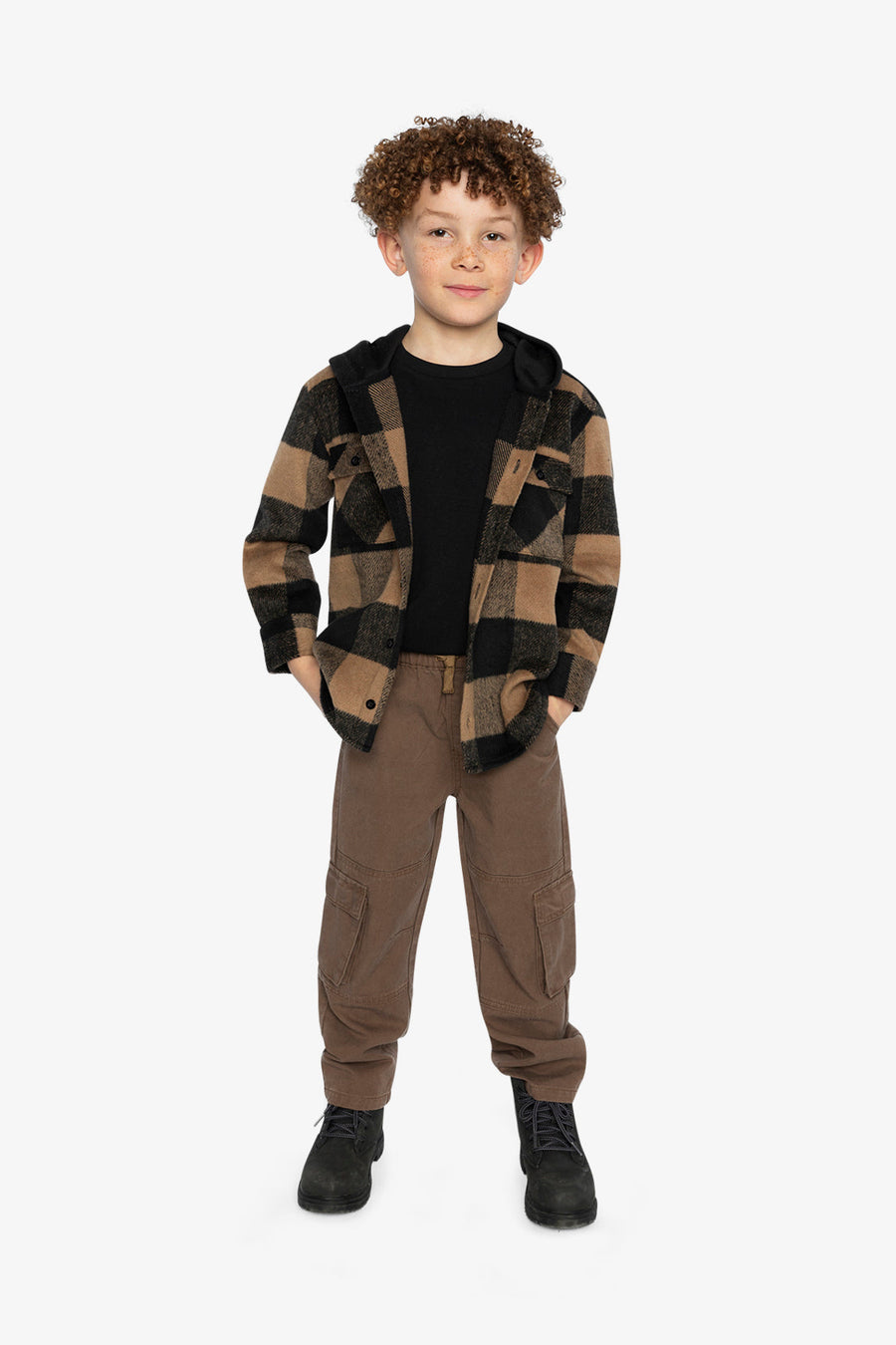 Flannel Shirt With Fleece Hood Brown And Black Plaid - J20U19_2J272