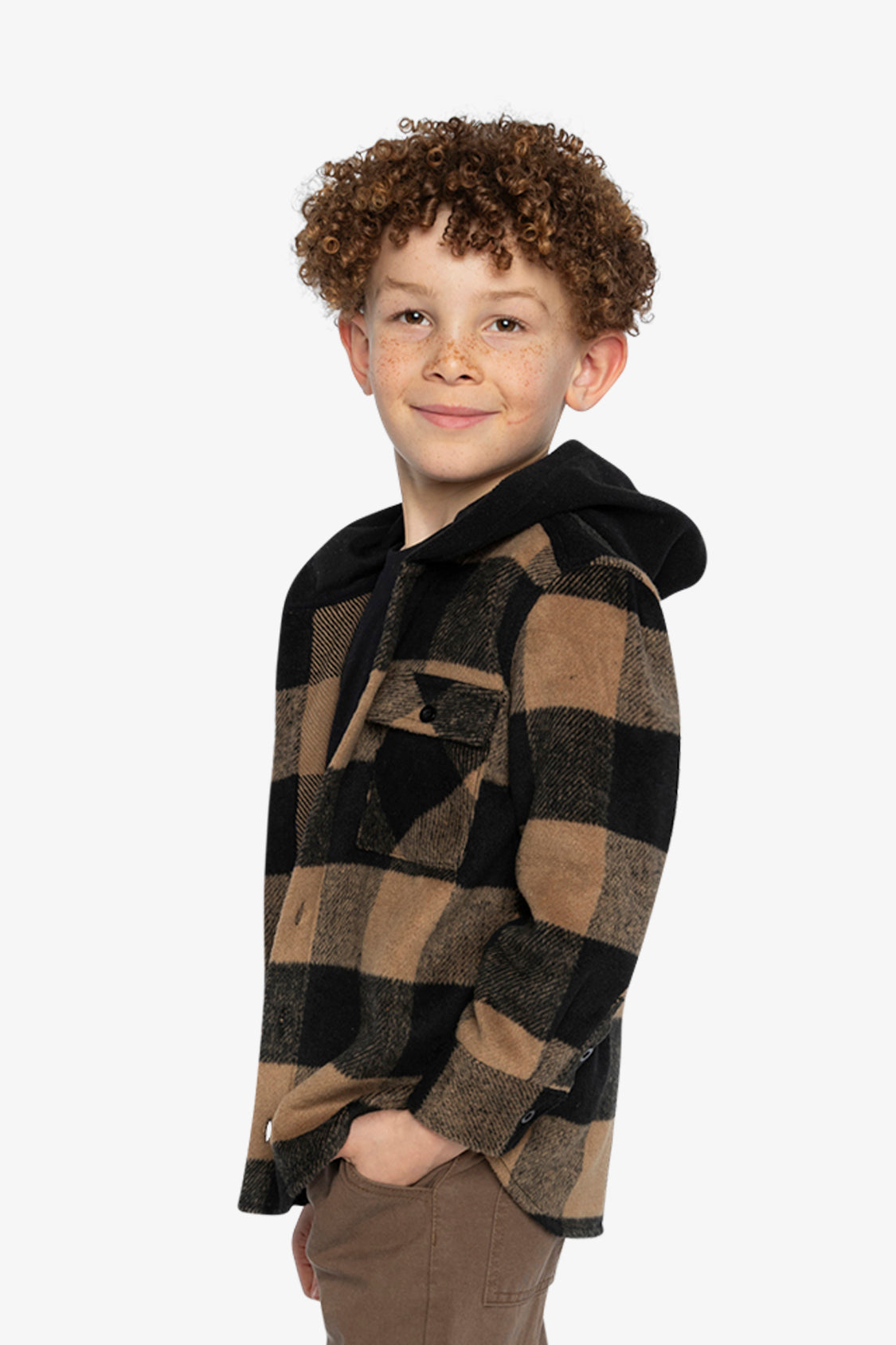 Flannel Shirt With Fleece Hood Brown And Black Plaid - J20U19_2J272