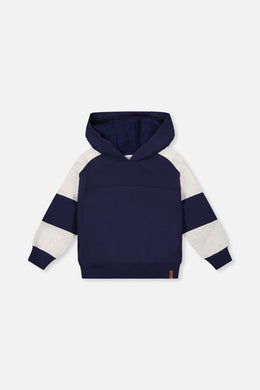 Hooded Striped Fleece Cardigan Dark Blue And Beige - J20U31_04810