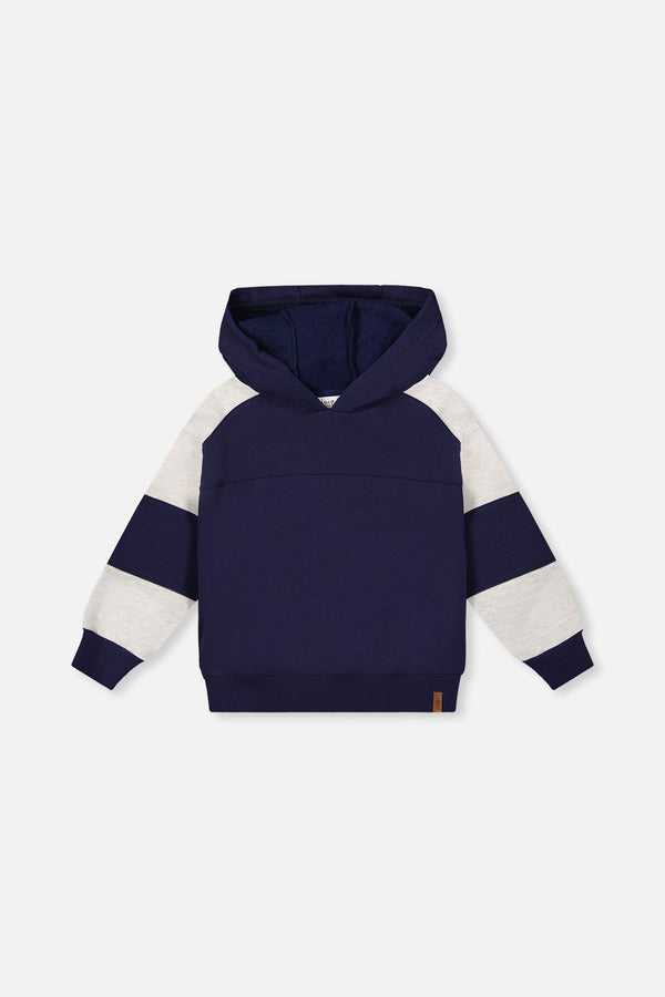 Hooded Striped Fleece Cardigan Dark Blue And Beige - J20U31_04810