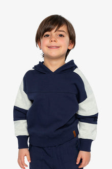Hooded Striped Fleece Cardigan Dark Blue And Beige - J20U31_04810