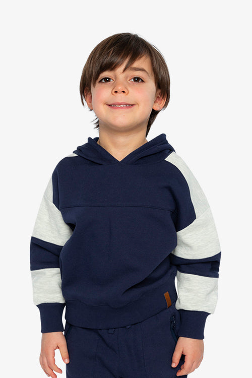 Hooded Striped Fleece Cardigan Dark Blue And Beige - J20U31_04810
