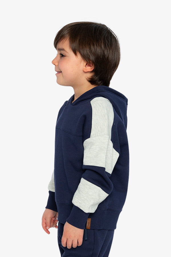 Hooded Striped Fleece Cardigan Dark Blue And Beige - J20U31_04810