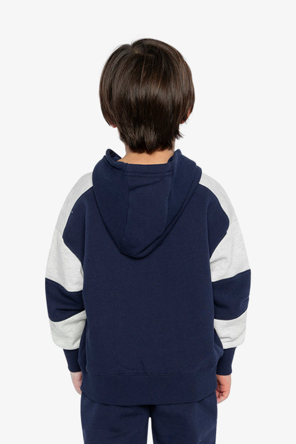 Hooded Striped Fleece Cardigan Dark Blue And Beige - J20U31_04810