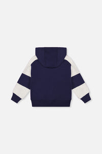 Hooded Striped Fleece Cardigan Dark Blue And Beige - J20U31_04810