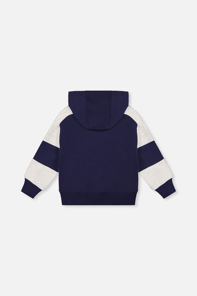 Hooded Striped Fleece Cardigan Dark Blue And Beige - J20U31_04810