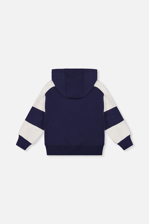 Hooded Striped Fleece Cardigan Dark Blue And Beige - J20U31_04810