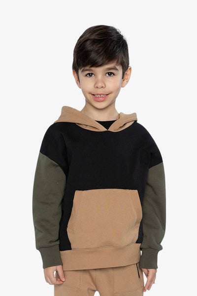 Hooded Colorblock Fleece Cardigan Black, Green And Beige - J20U32_09990